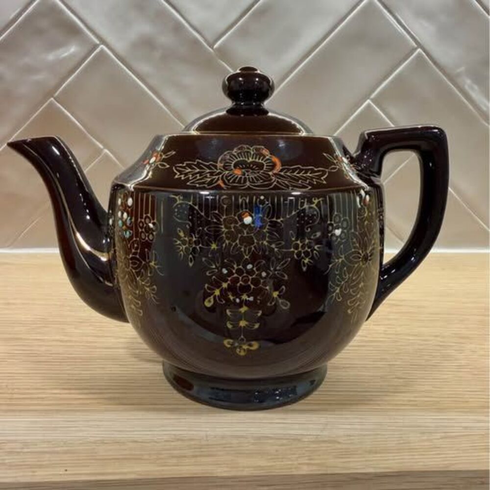 Vintage Japan Teapot Dark Brown Gold Floral Design Lidded 7” Tall